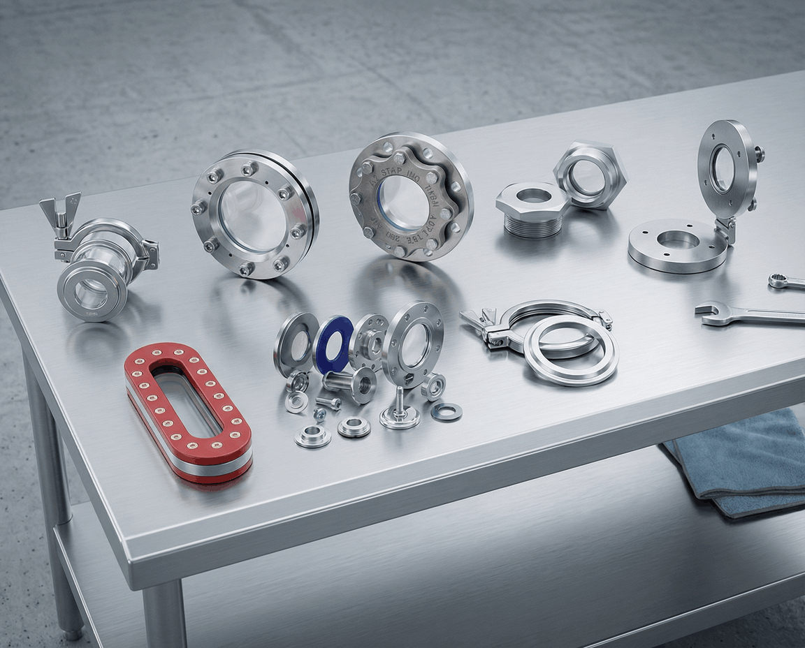 Ensemble de regard de visite industriel certifié PED avec verre de sécurité fusionné borosilicaté et montage à bride pour observation de cuves de process