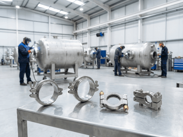 Sanitary tri-clamp fittings and components for pharmaceutical and food processing applications