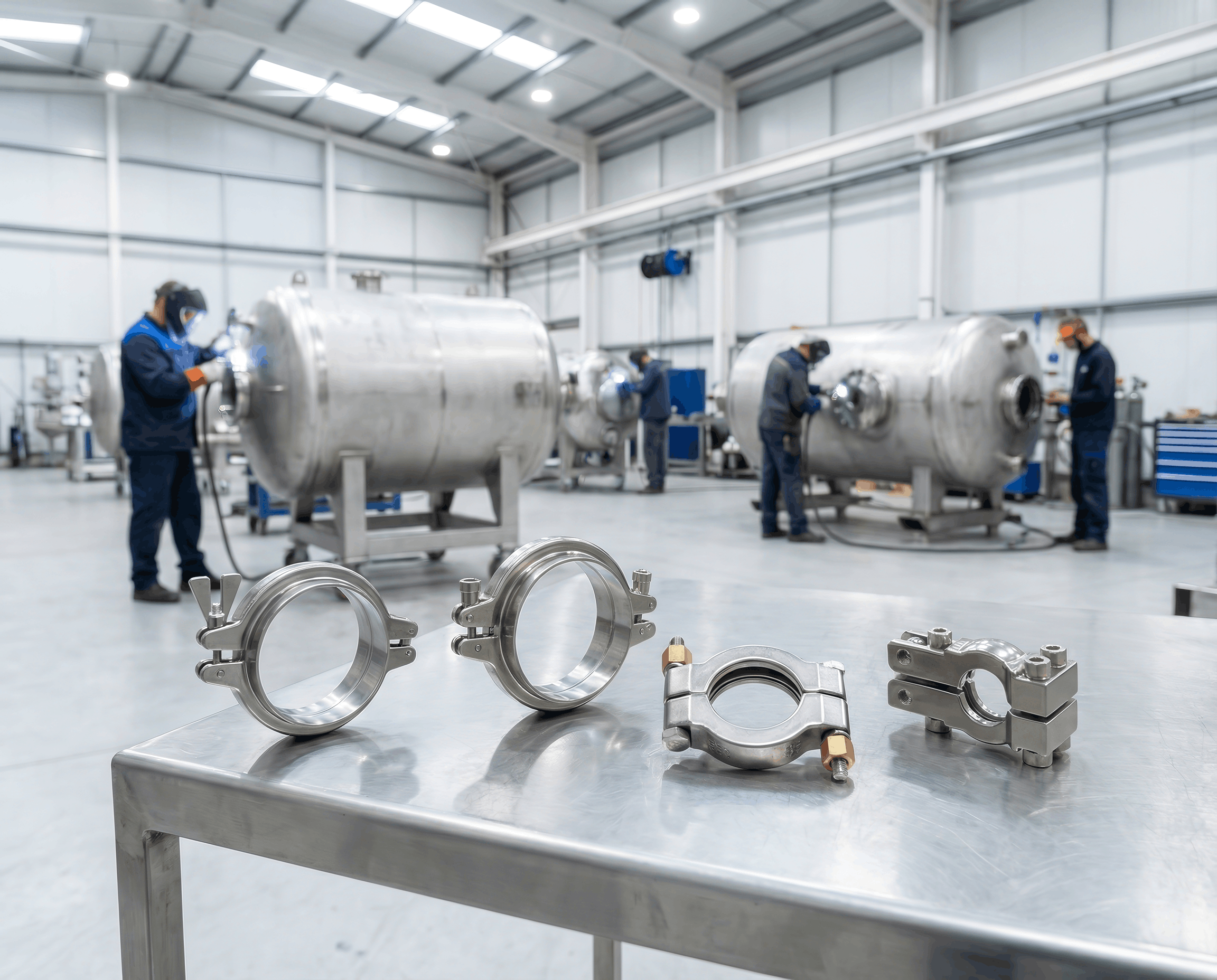 DIN 32676 sanitary tri-clamp fitting assembly with 316L stainless steel ferrules, PTFE gasket, and clamp for pharmaceutical applications